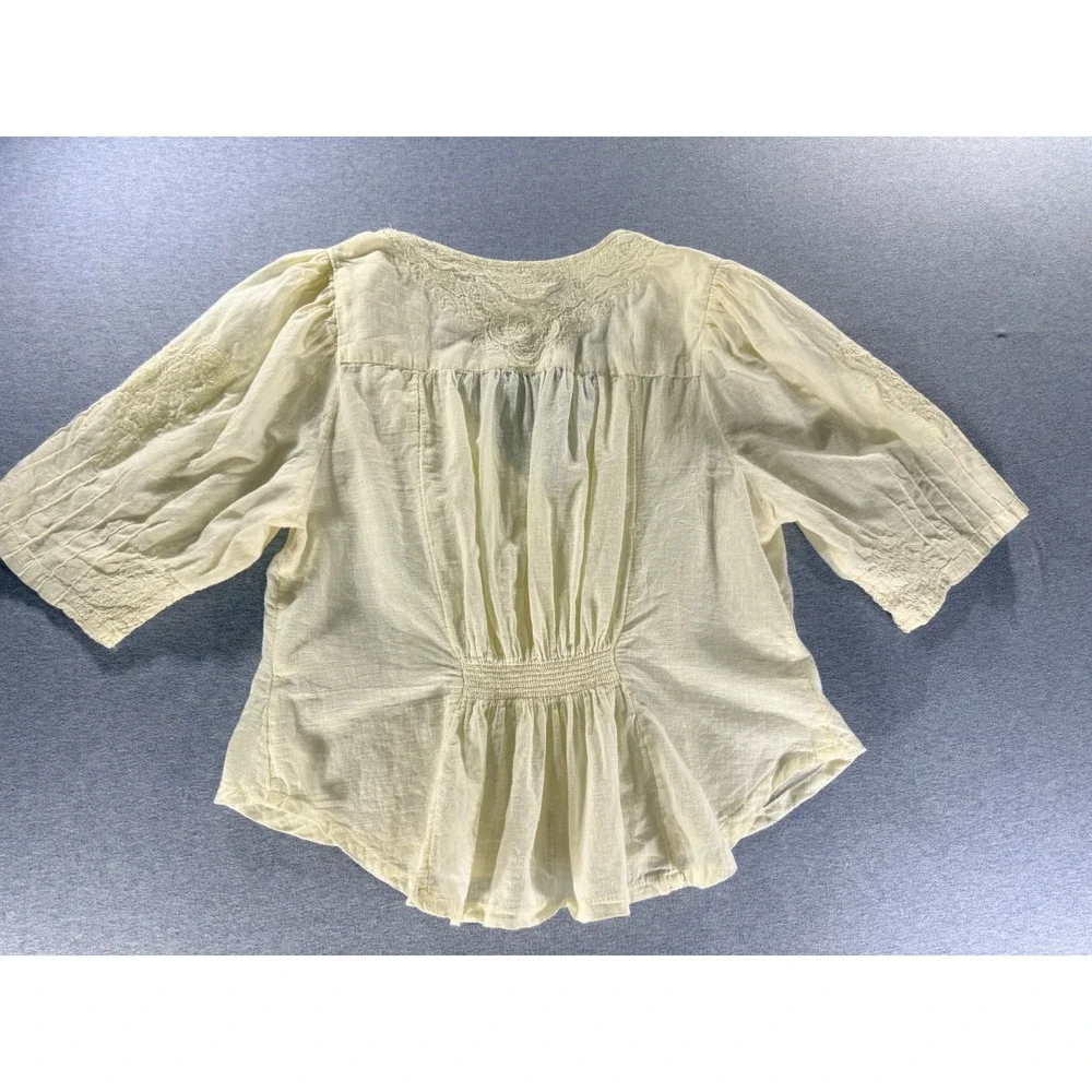 Free People Laurie Embroidered Blouse Cream Cotton V-Neck Puff Sleeve Top M